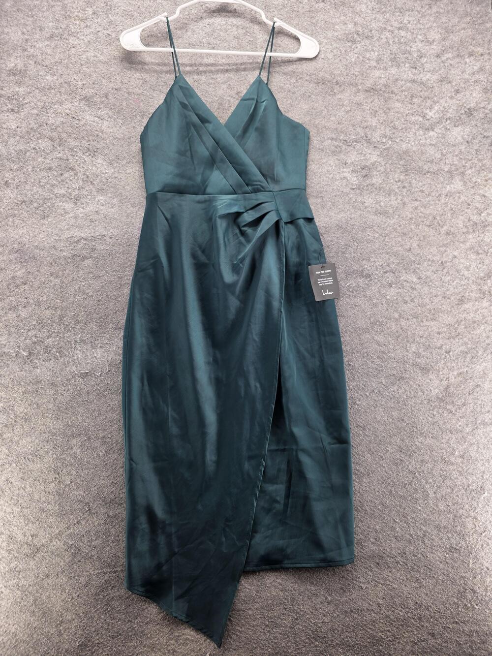 Lulus Dress Womens XS Green Wrap Fit & Flare Asymmetric Strappy Lined V-Neck